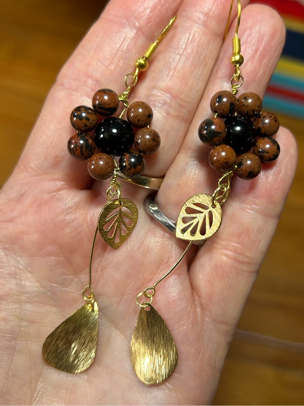 3/$25 Gold and Brown Beaded Flower Dangle Earrings